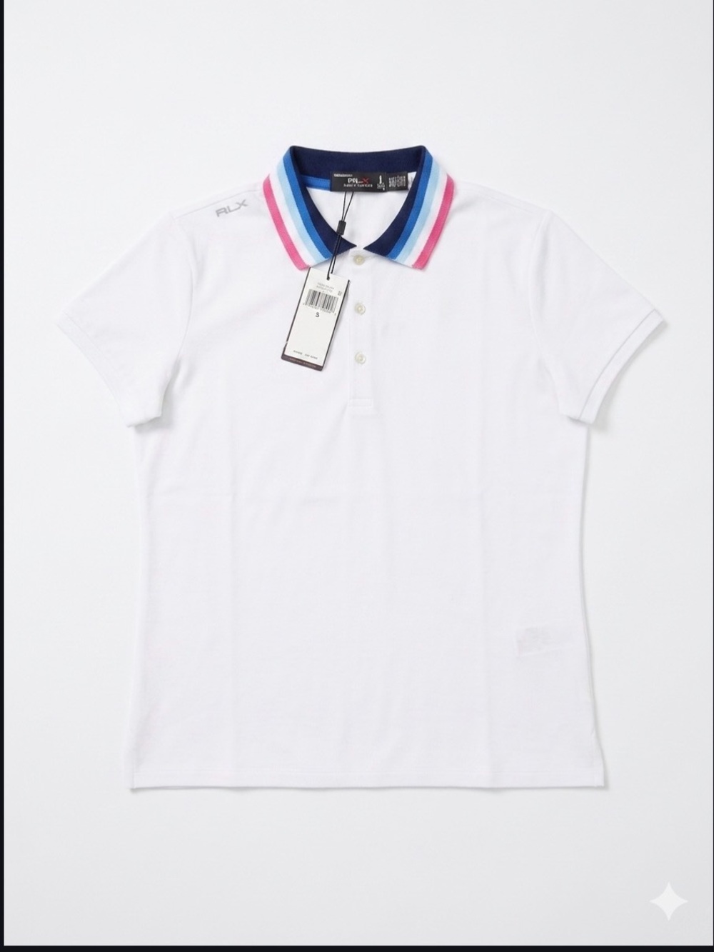RLX Ralph Lauren White Polo with Blue and Pink Trim
